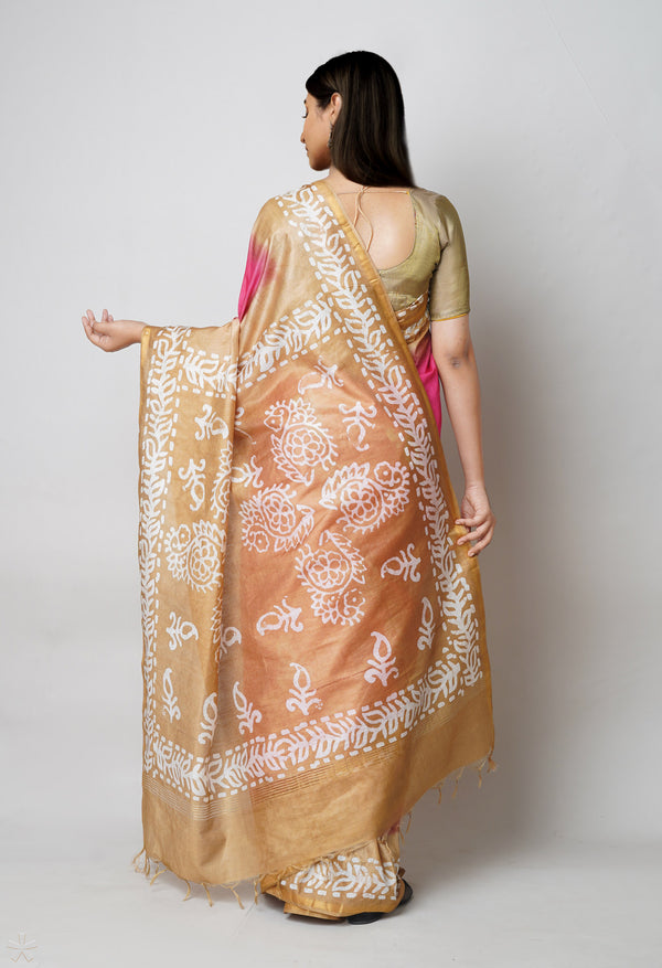 Pink-Brown Pure  Batik Printed Chanderi Sico Saree-UNM73536