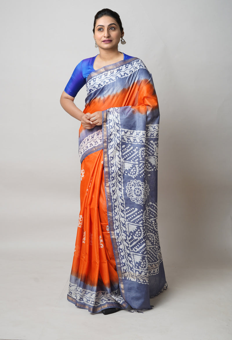 Orange-Blue Pure  Batik Printed Chanderi Sico Saree-UNM73537