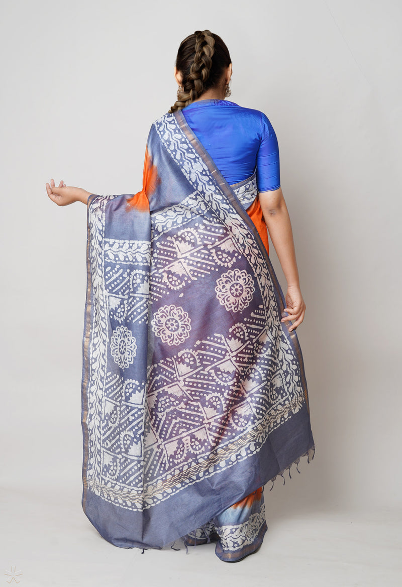 Orange-Blue Pure  Batik Printed Chanderi Sico Saree-UNM73537