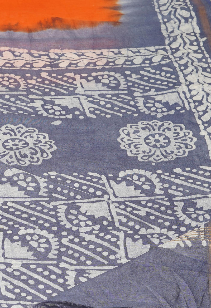 Orange-Blue Pure  Batik Printed Chanderi Sico Saree-UNM73537
