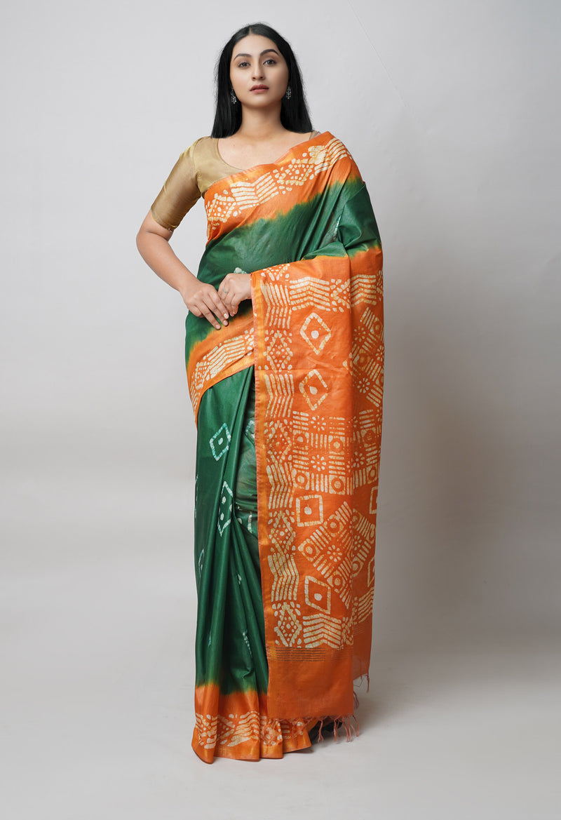 Green-Orange Pure  Batik Printed Chanderi Sico Saree-UNM73538