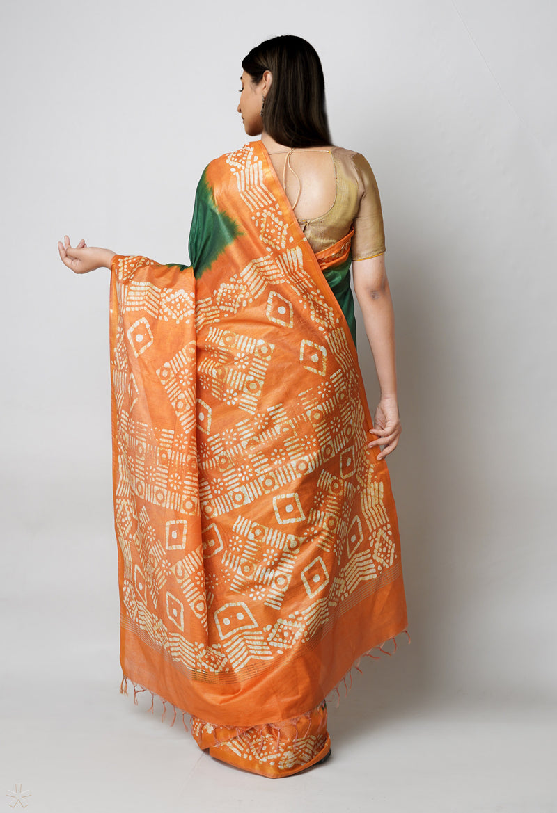 Green-Orange Pure  Batik Printed Chanderi Sico Saree-UNM73538