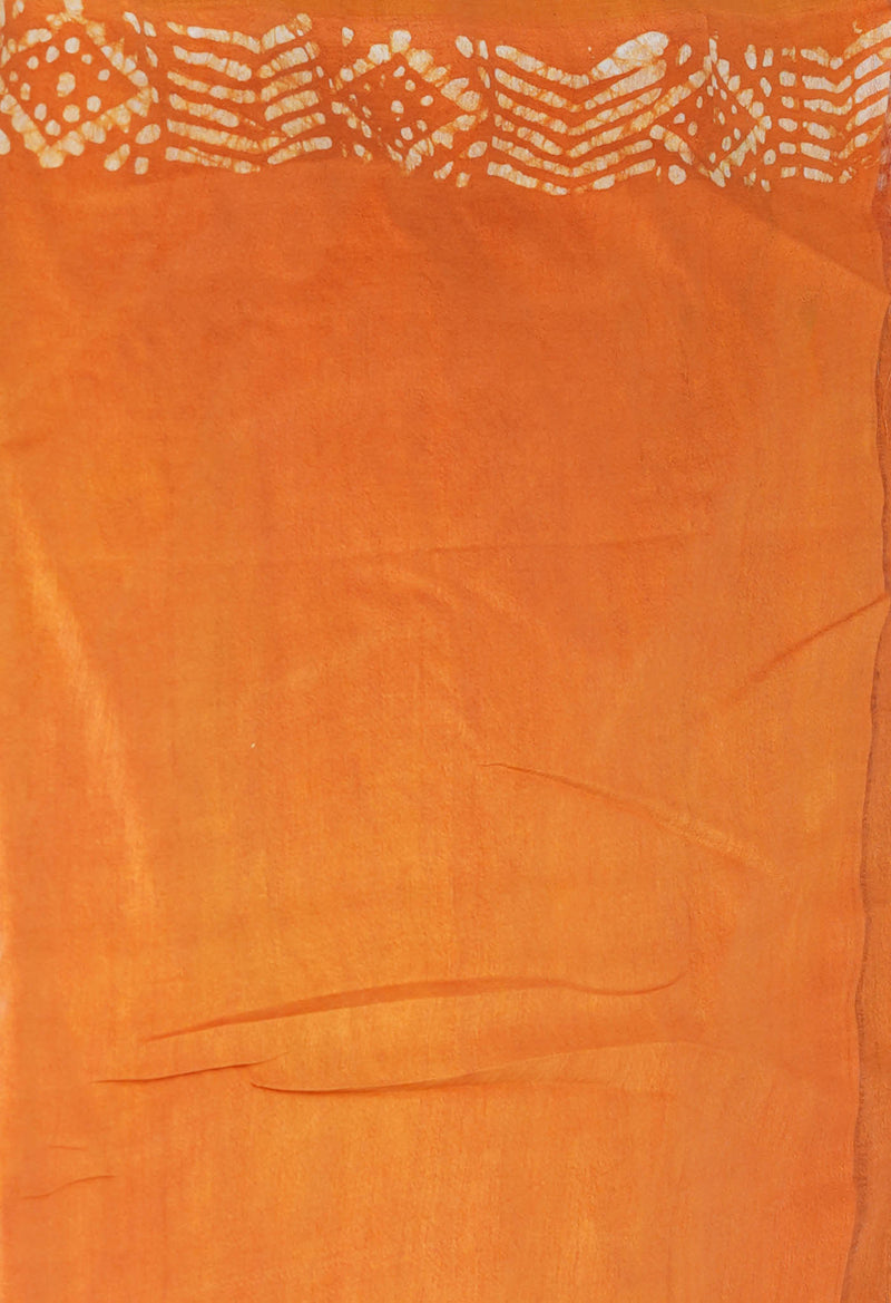 Green-Orange Pure  Batik Printed Chanderi Sico Saree-UNM73538
