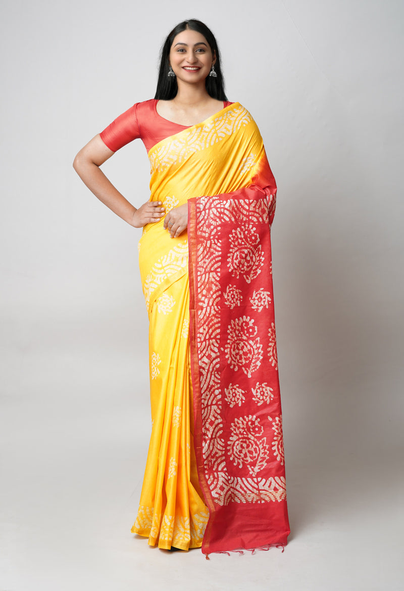 Yellow-Red Pure  Batik Printed Chanderi Sico Saree-UNM73539