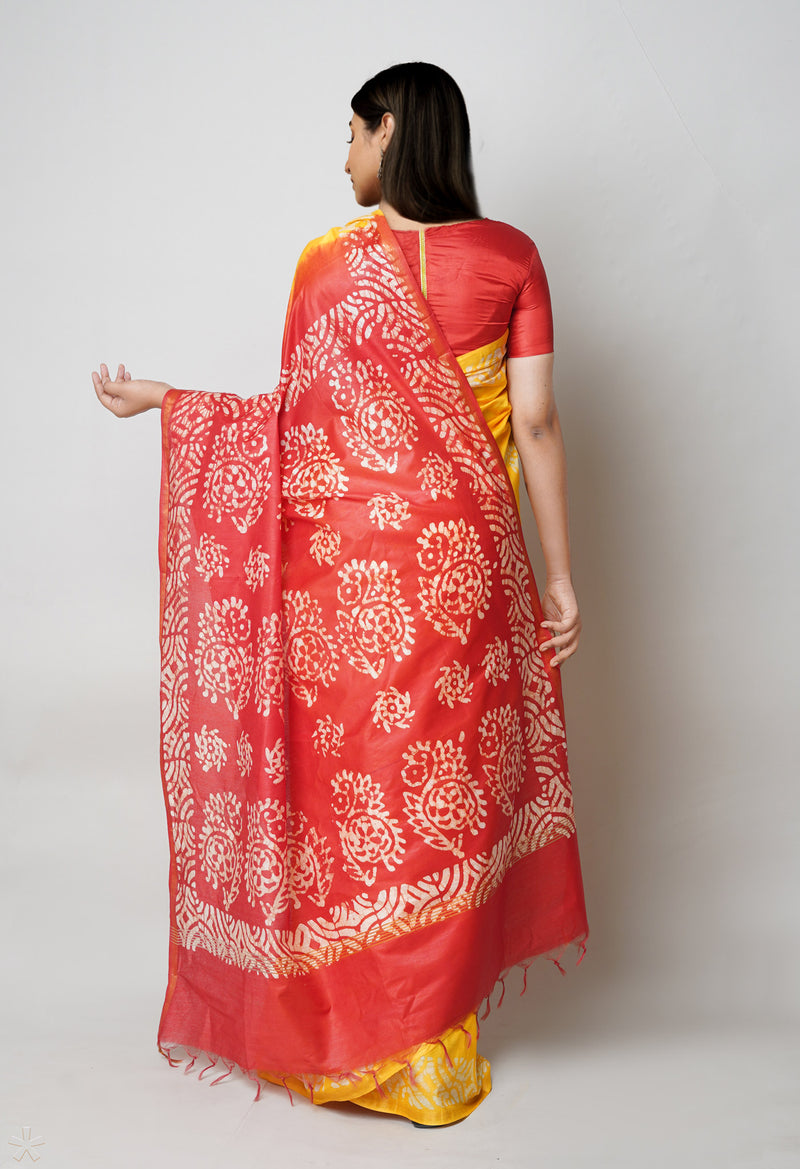 Yellow-Red Pure  Batik Printed Chanderi Sico Saree-UNM73539