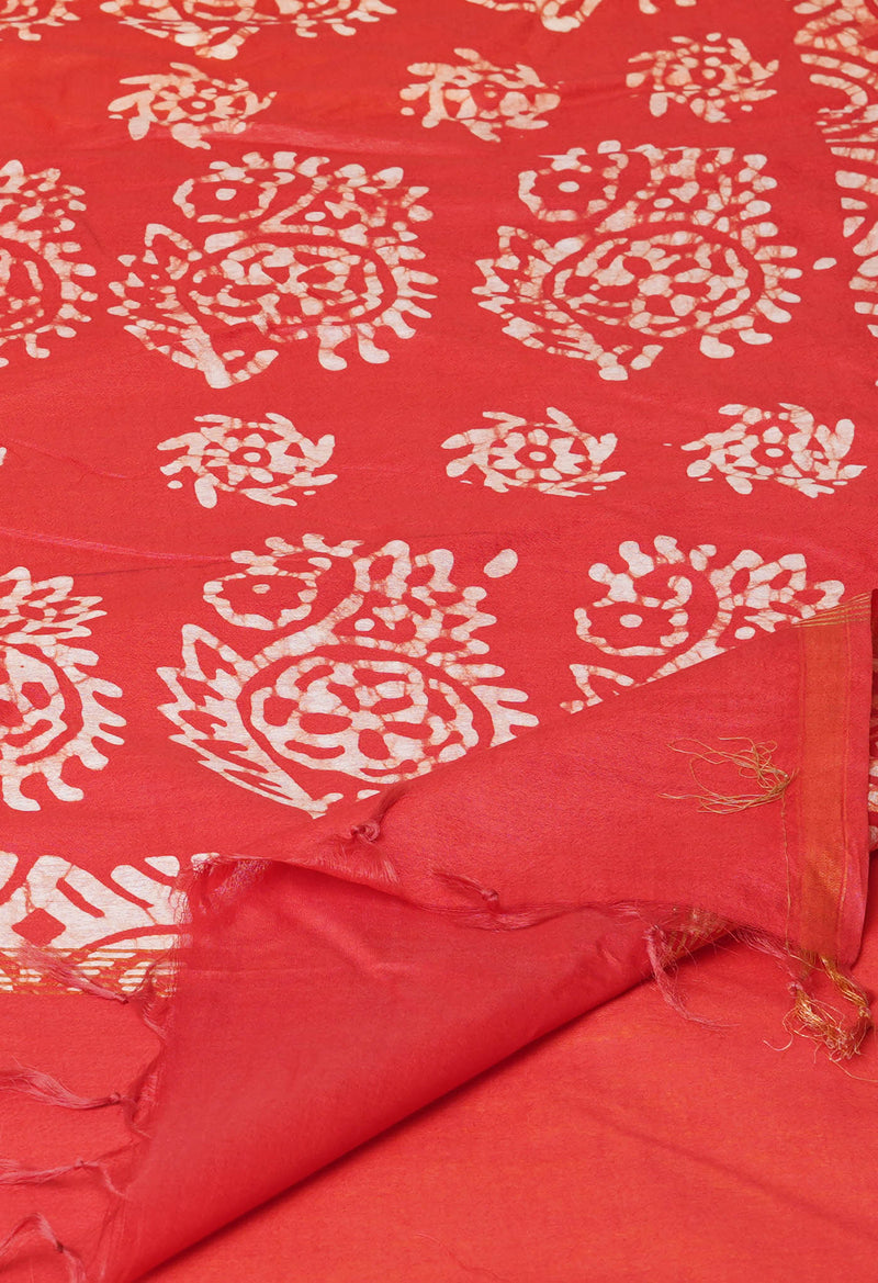 Yellow-Red Pure  Batik Printed Chanderi Sico Saree-UNM73539