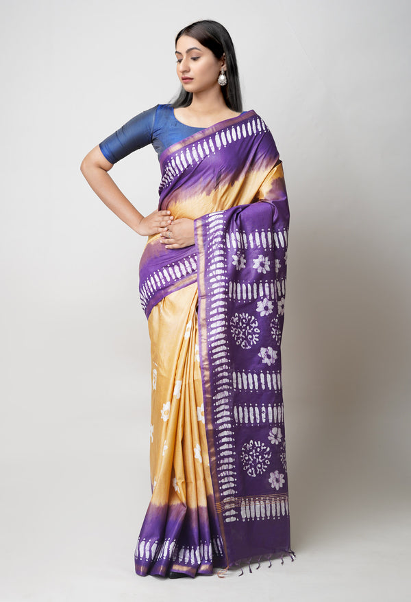 Brown-Purple Pure  Batik Printed Chanderi Sico Saree-UNM73540