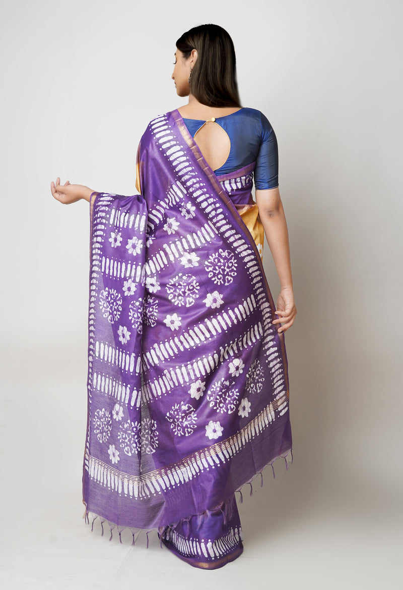 Brown-Purple Pure  Batik Printed Chanderi Sico Saree-UNM73540