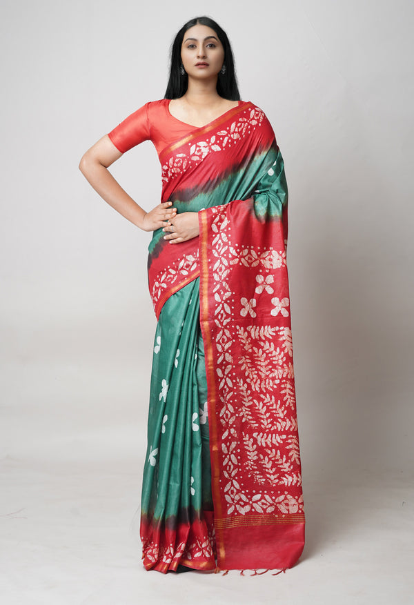 Green-Red Pure  Batik Printed Chanderi Sico Saree-UNM73541