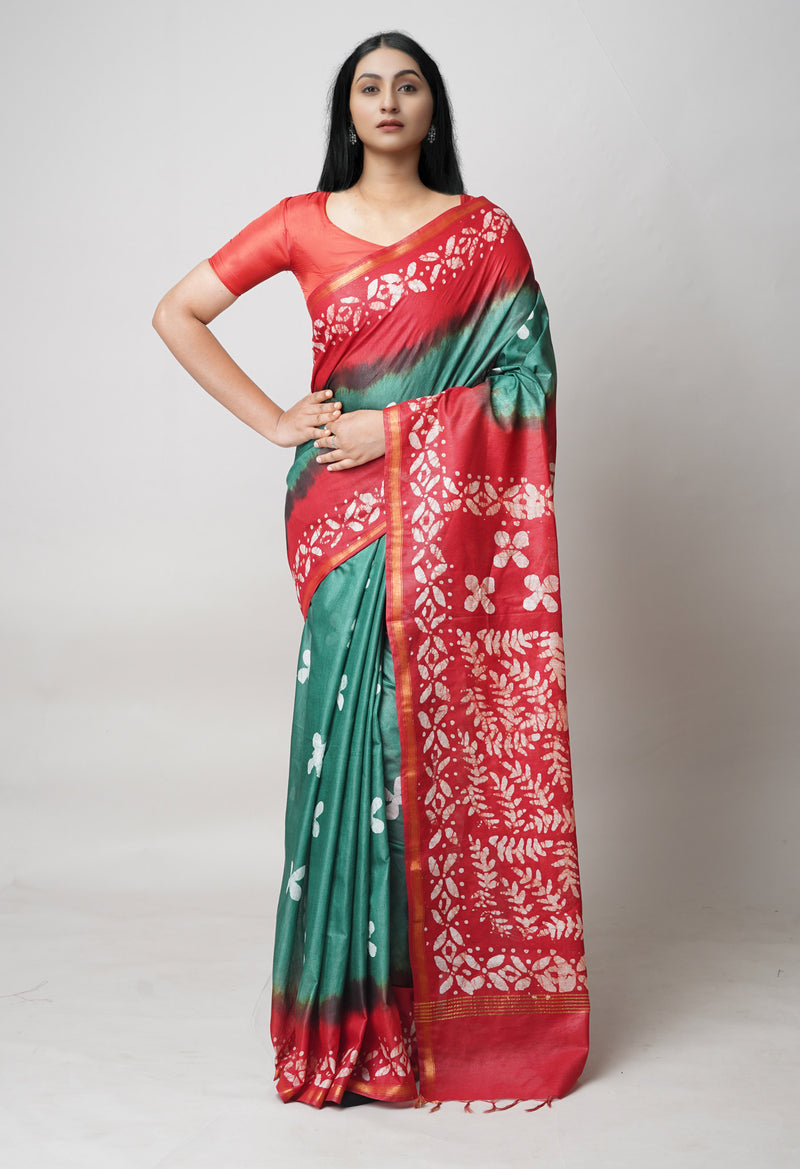 Green-Red Pure  Batik Printed Chanderi Sico Saree-UNM73541
