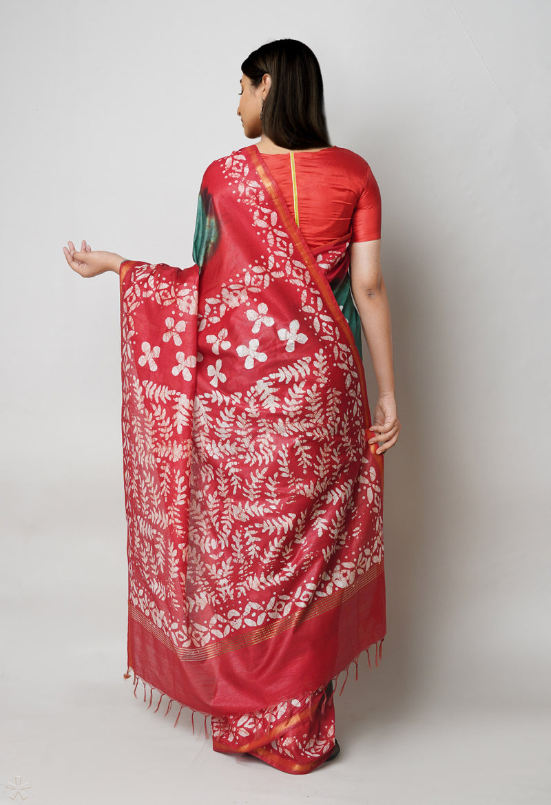 Green-Red Pure  Batik Printed Chanderi Sico Saree-UNM73541