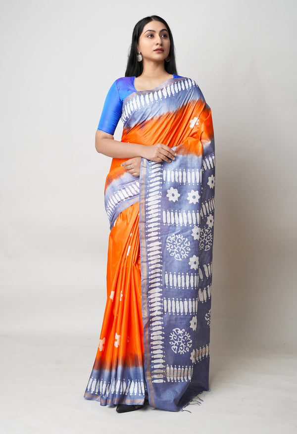 Orange-Blue Pure  Batik Printed Chanderi Sico Saree-UNM73542
