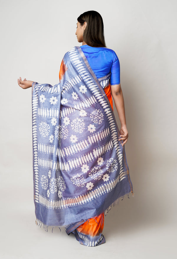 Orange-Blue Pure  Batik Printed Chanderi Sico Saree-UNM73542