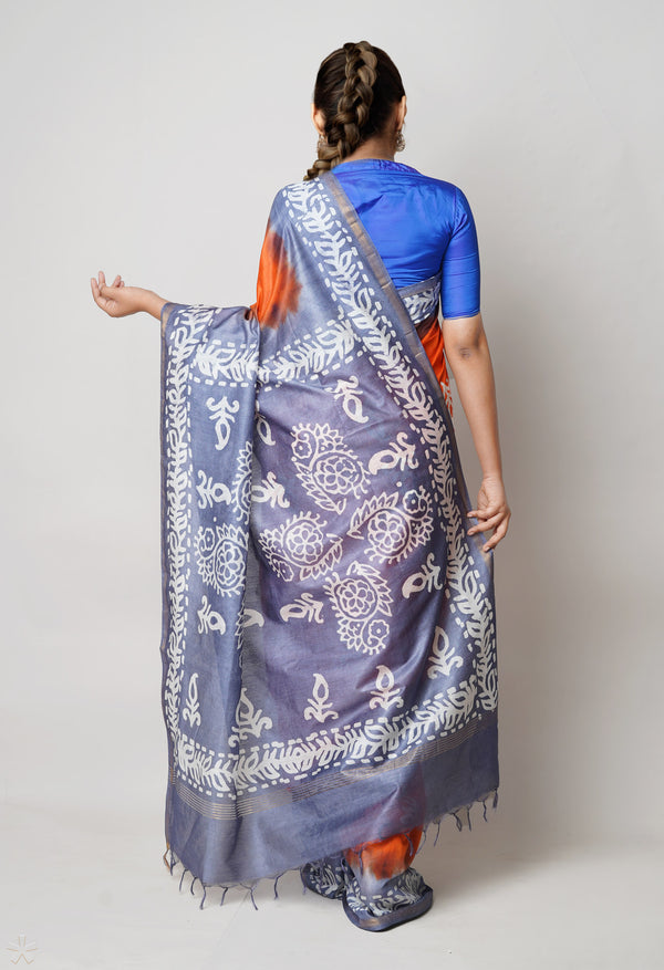 Orange-Blue Pure  Batik Printed Chanderi Sico Saree-UNM73543