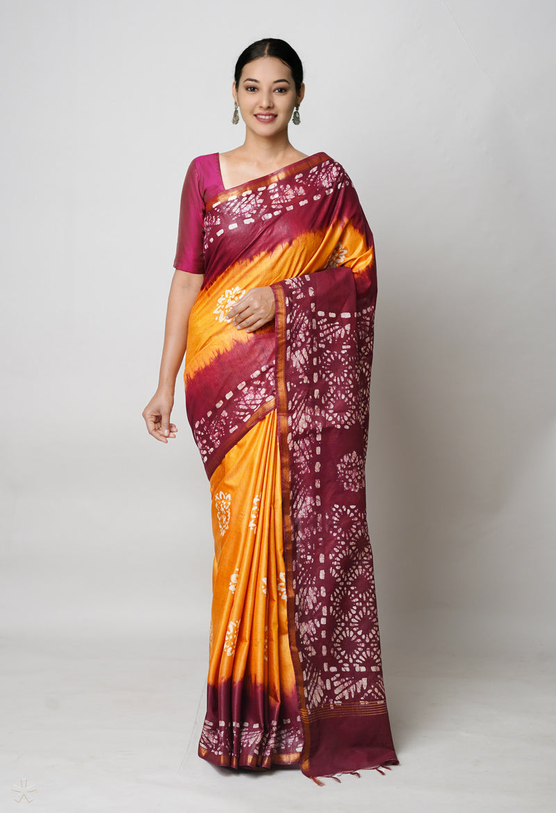 Brown-Maroon Pure  Batik Printed Chanderi Sico Saree-UNM73544