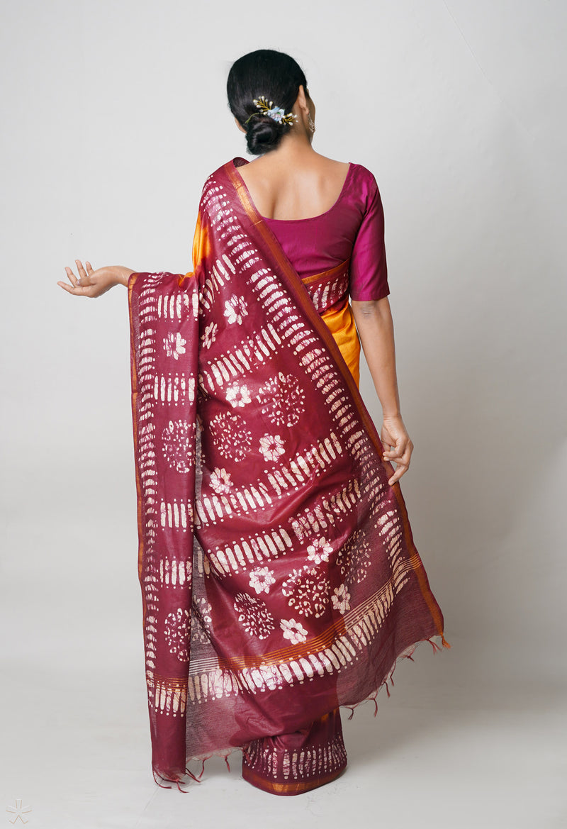 Brown-Maroon Pure  Batik Printed Chanderi Sico Saree-UNM73544