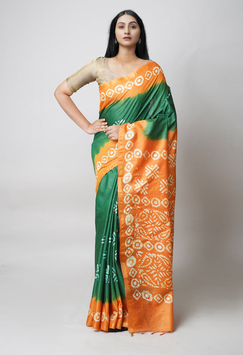 Green-Yellow Pure  Batik Printed Chanderi Sico Saree-UNM73547