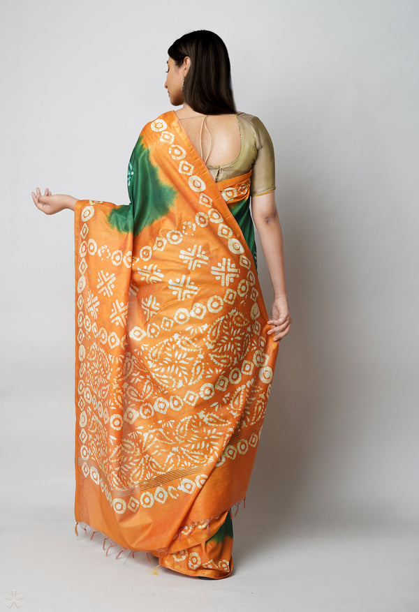 Green-Yellow Pure  Batik Printed Chanderi Sico Saree-UNM73547