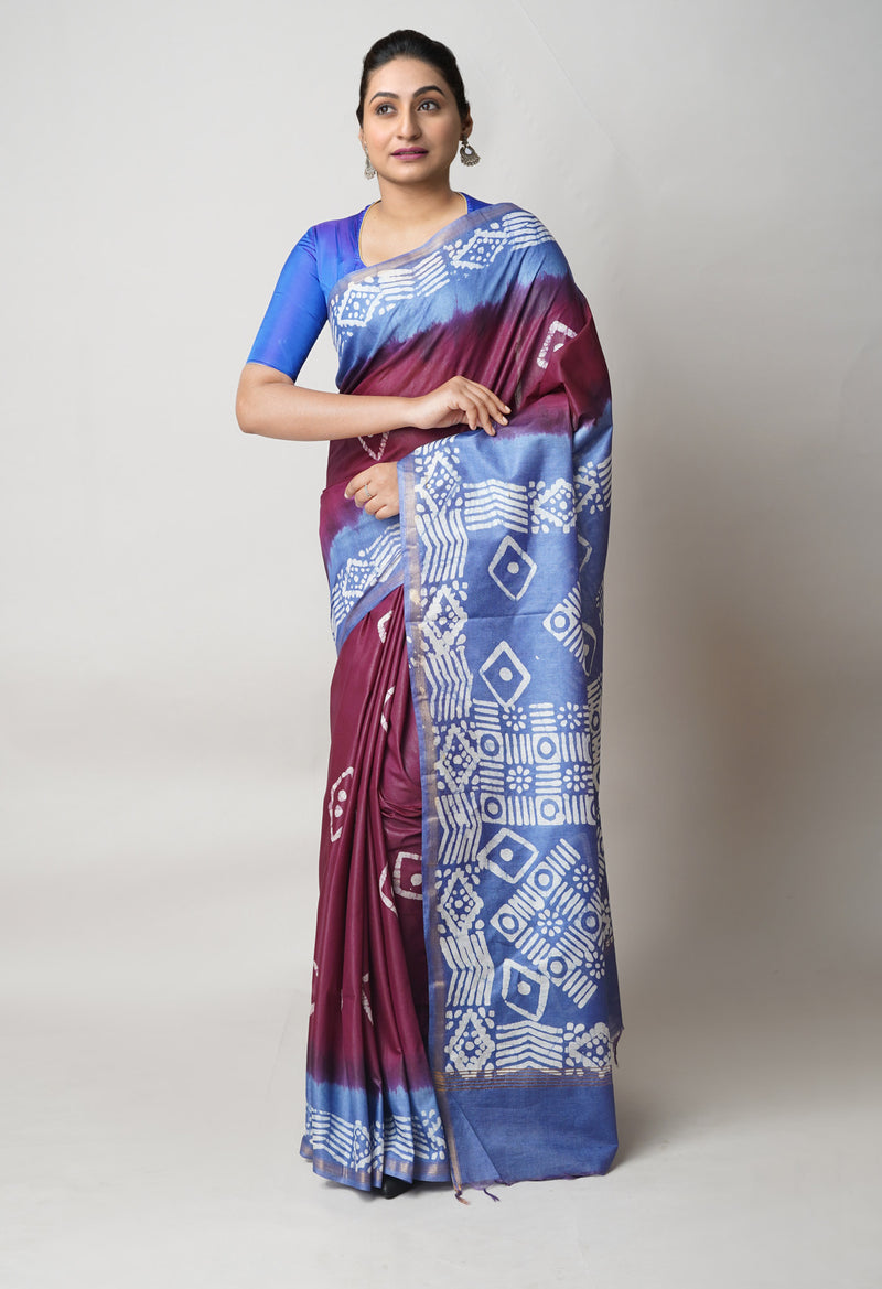 Dark Purple-Blue Pure  Batik Printed Chanderi Sico Saree-UNM73549