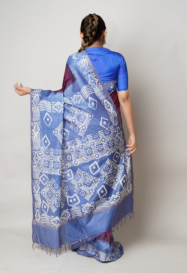 Dark Purple-Blue Pure  Batik Printed Chanderi Sico Saree-UNM73549