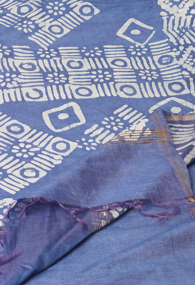 Dark Purple-Blue Pure  Batik Printed Chanderi Sico Saree-UNM73549