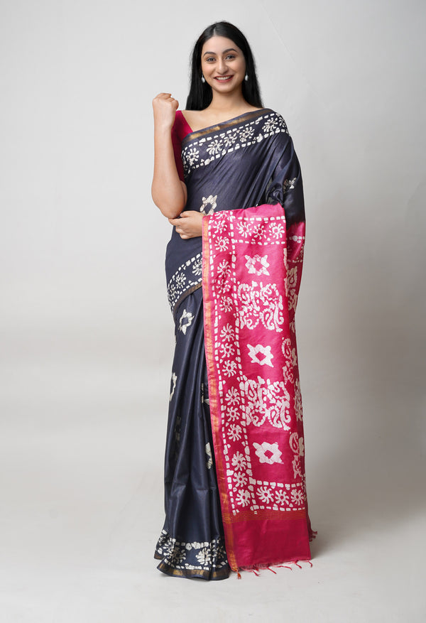 Black-Burgundy     Pure  Batik Printed Chanderi Sico Saree-UNM73550