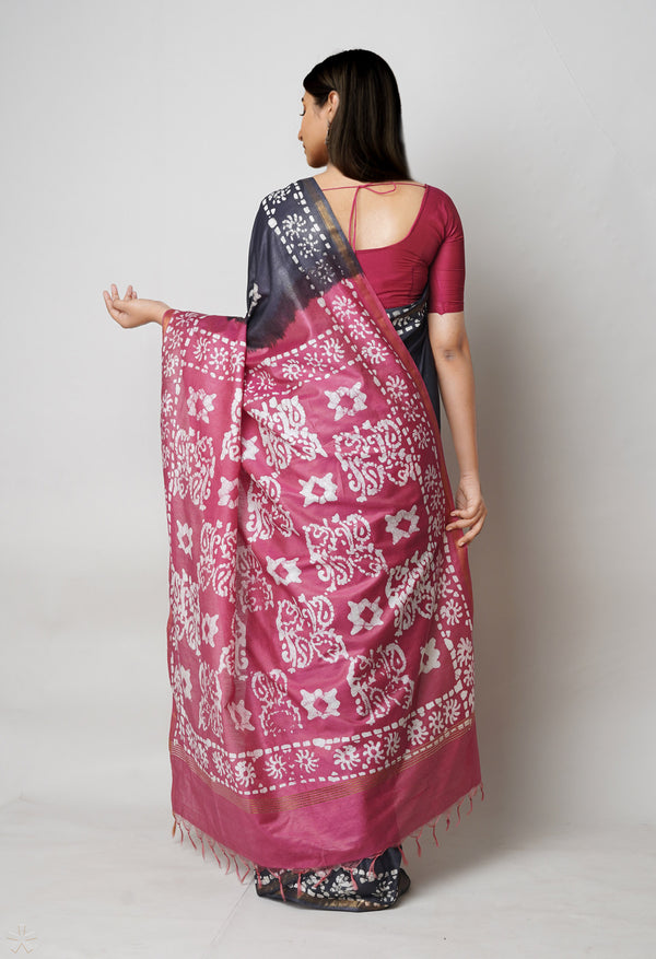 Black-Burgundy     Pure  Batik Printed Chanderi Sico Saree-UNM73550