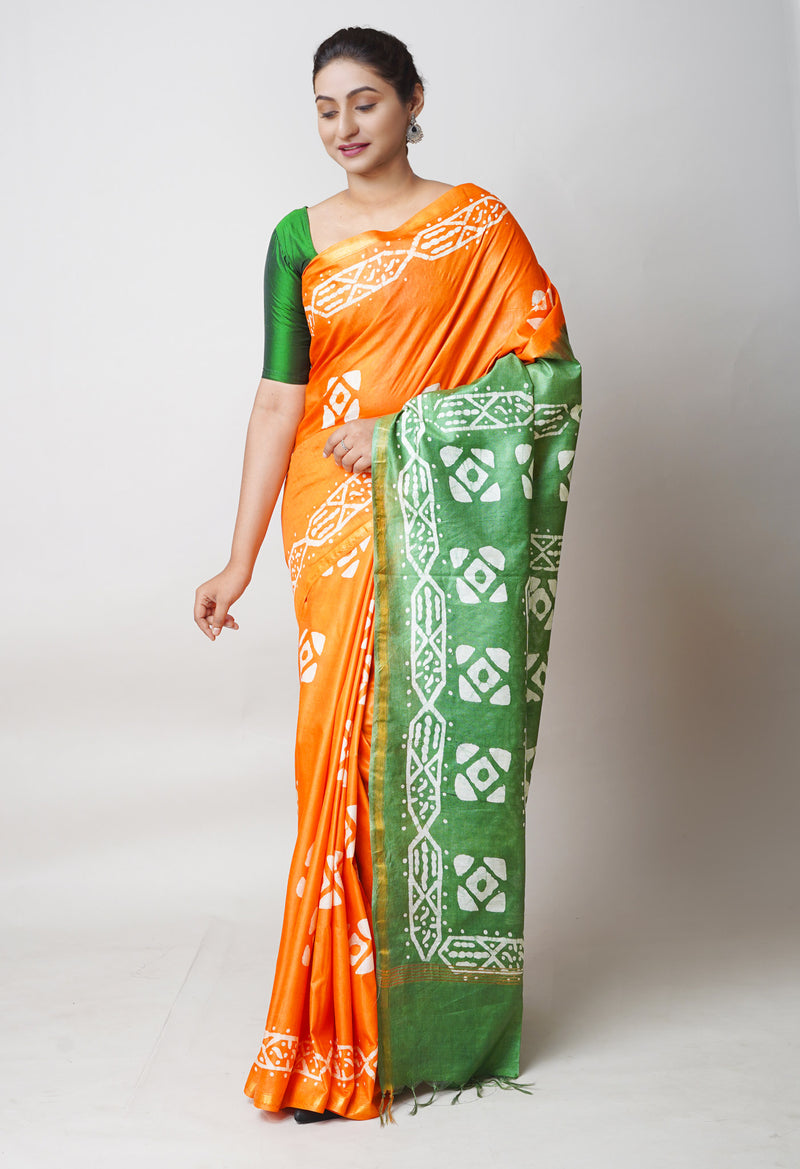 Green-Orange Pure  Batik Printed Chanderi Sico Saree-UNM73551