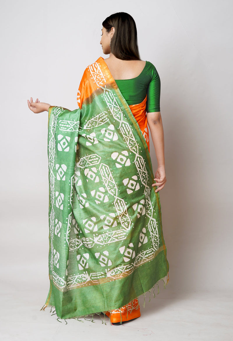 Green-Orange Pure  Batik Printed Chanderi Sico Saree-UNM73551