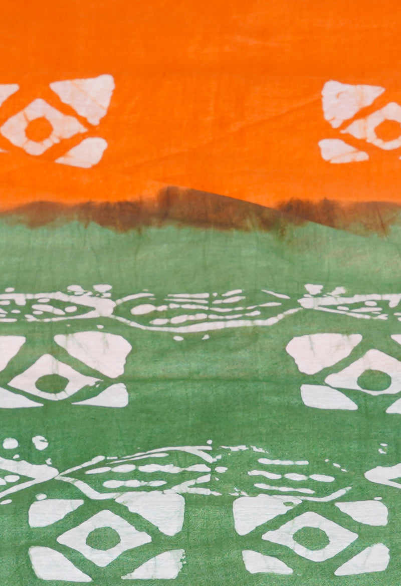 Green-Orange Pure  Batik Printed Chanderi Sico Saree-UNM73551