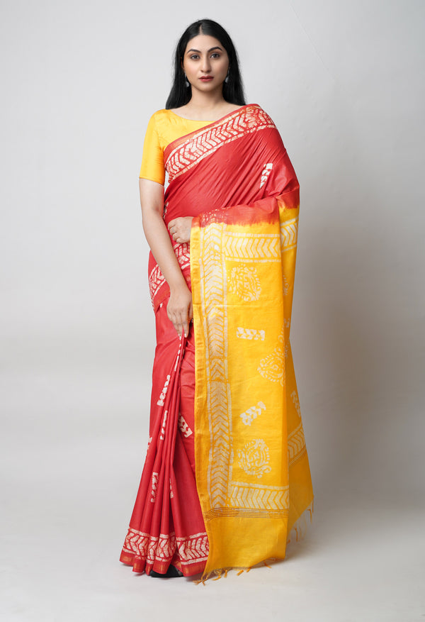 Red-Yellow Pure  Batik Printed Chanderi Sico Saree-UNM73552