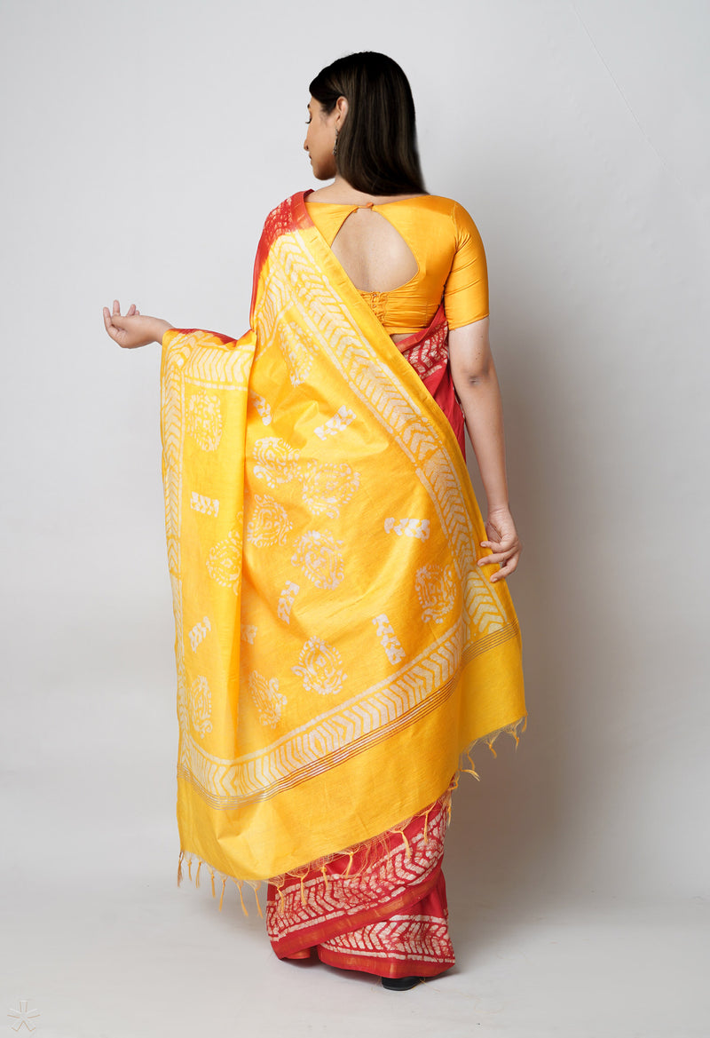 Red-Yellow Pure  Batik Printed Chanderi Sico Saree-UNM73552
