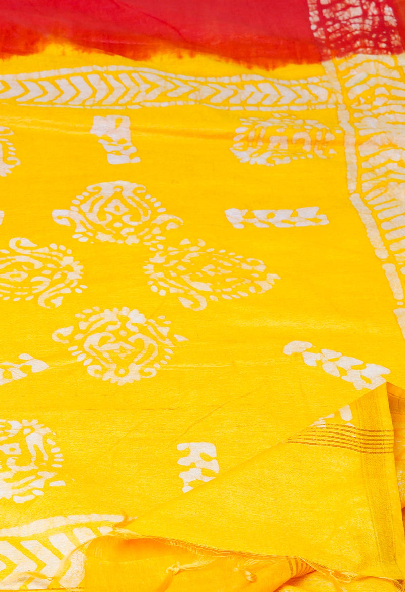 Red-Yellow Pure  Batik Printed Chanderi Sico Saree-UNM73552