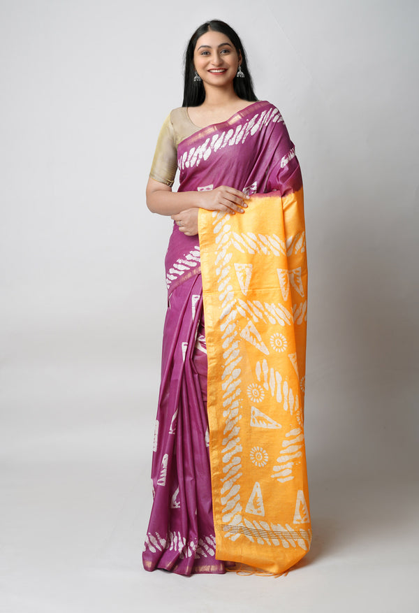 Purple-Yellow Pure  Batik Printed Chanderi Sico Saree-UNM73553
