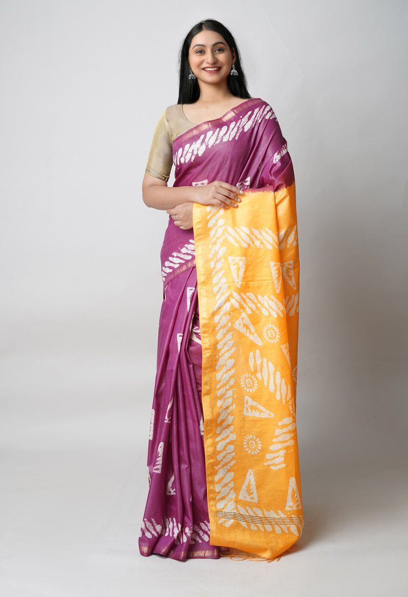 Purple-Yellow Pure  Batik Printed Chanderi Sico Saree-UNM73553