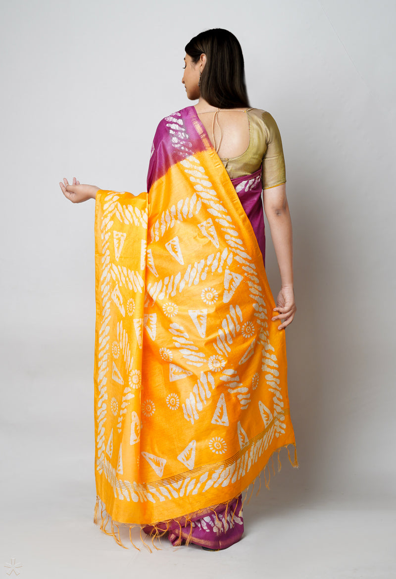 Purple-Yellow Pure  Batik Printed Chanderi Sico Saree-UNM73553