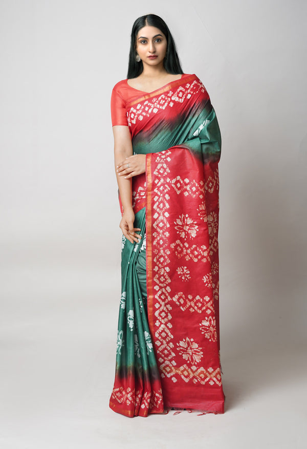 Green-Red Pure  Batik Printed Chanderi Sico Saree-UNM73554