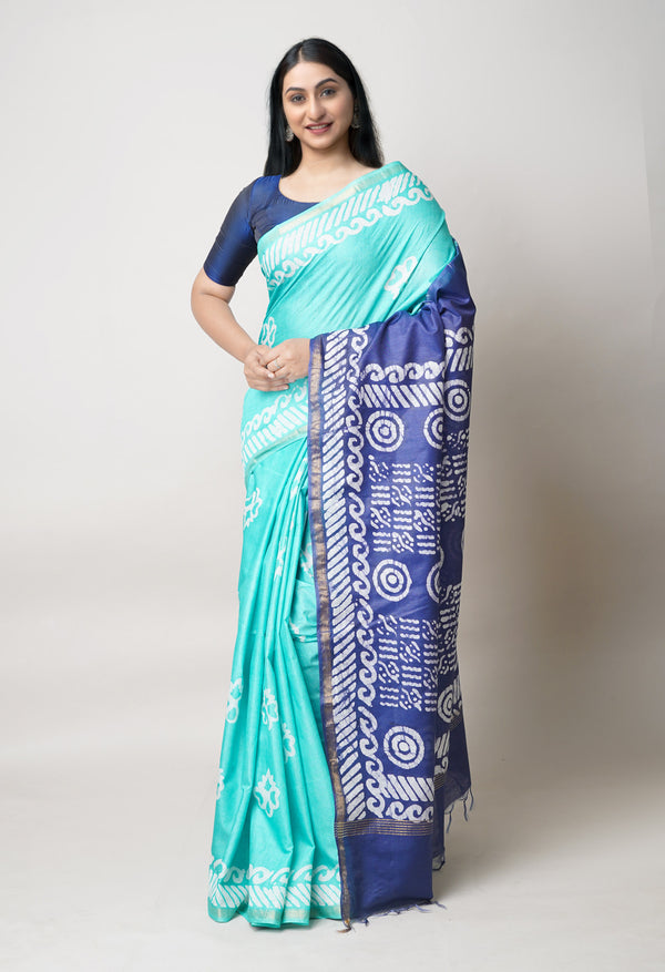 Sky Blue-Dark Blue Pure  Batik Printed Chanderi Sico Saree-UNM73555