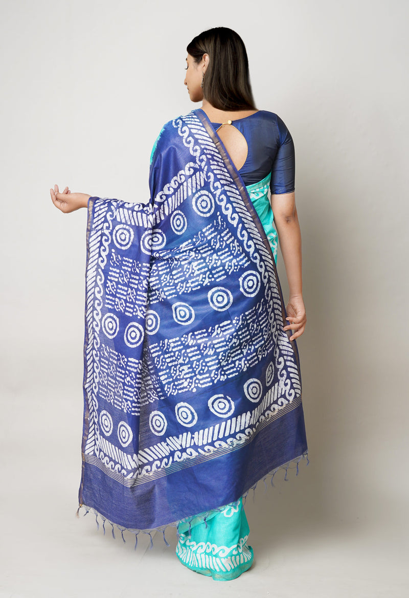 Sky Blue-Dark Blue Pure  Batik Printed Chanderi Sico Saree-UNM73555
