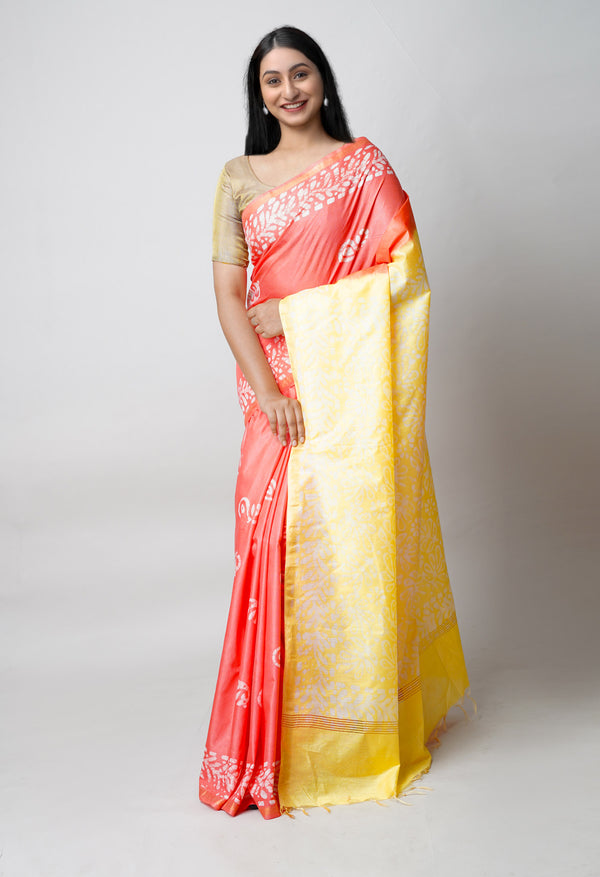 Orange-Yellow Pure  Batik Printed Chanderi Sico Saree-UNM73556