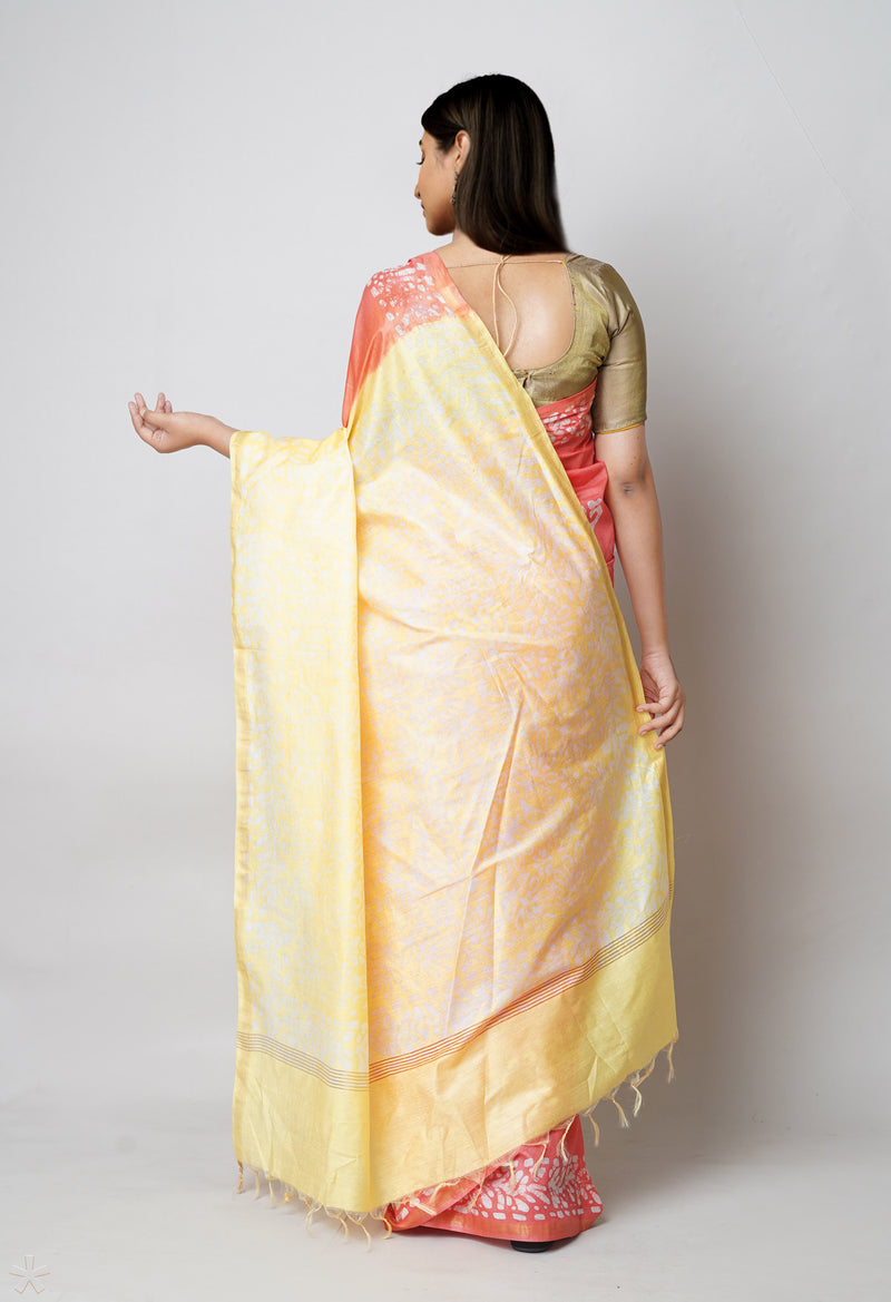 Orange-Yellow Pure  Batik Printed Chanderi Sico Saree-UNM73556