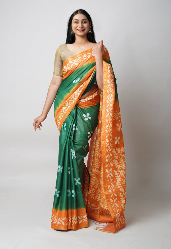 Green-Orange Pure  Batik Printed Chanderi Sico Saree-UNM73557