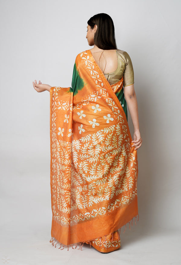 Green-Orange Pure  Batik Printed Chanderi Sico Saree-UNM73557