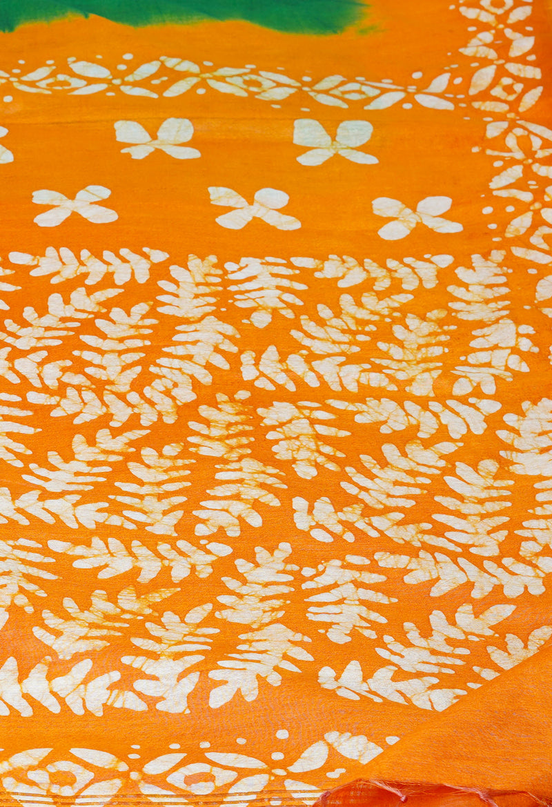 Green-Orange Pure  Batik Printed Chanderi Sico Saree-UNM73557