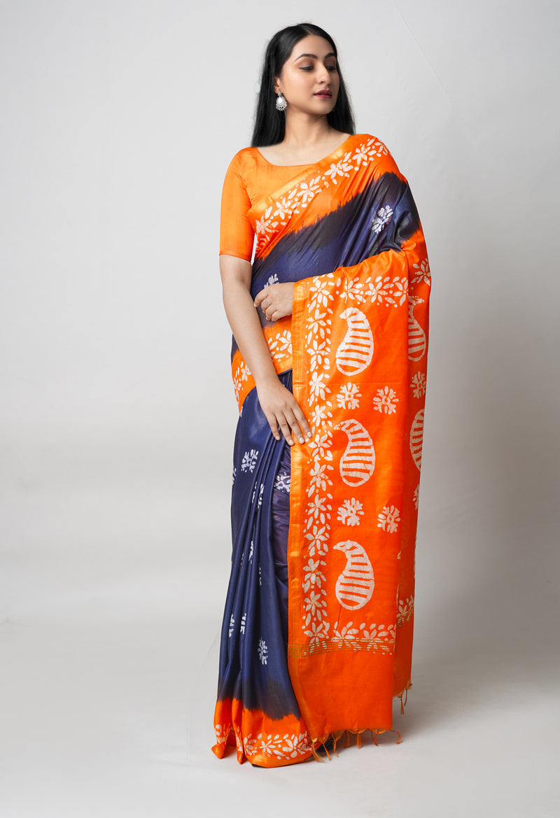 Dark Blue-Orange Pure  Batik Printed Chanderi Sico Saree-UNM73558