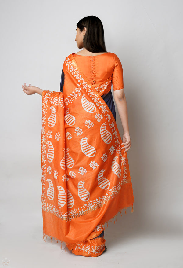Dark Blue-Orange Pure  Batik Printed Chanderi Sico Saree-UNM73558