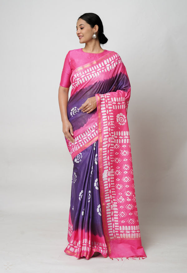 Dark Blue-Pink Pure  Batik Printed Chanderi Sico Saree-UNM73559