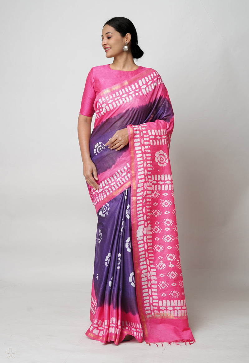 Dark Blue-Pink Pure  Batik Printed Chanderi Sico Saree-UNM73559