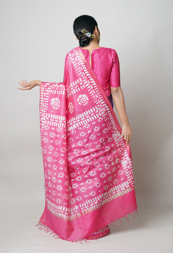 Dark Blue-Pink Pure  Batik Printed Chanderi Sico Saree-UNM73559