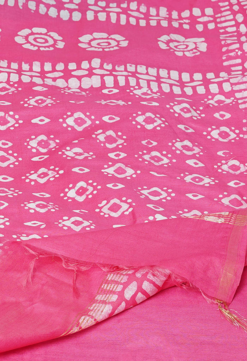 Dark Blue-Pink Pure  Batik Printed Chanderi Sico Saree-UNM73559